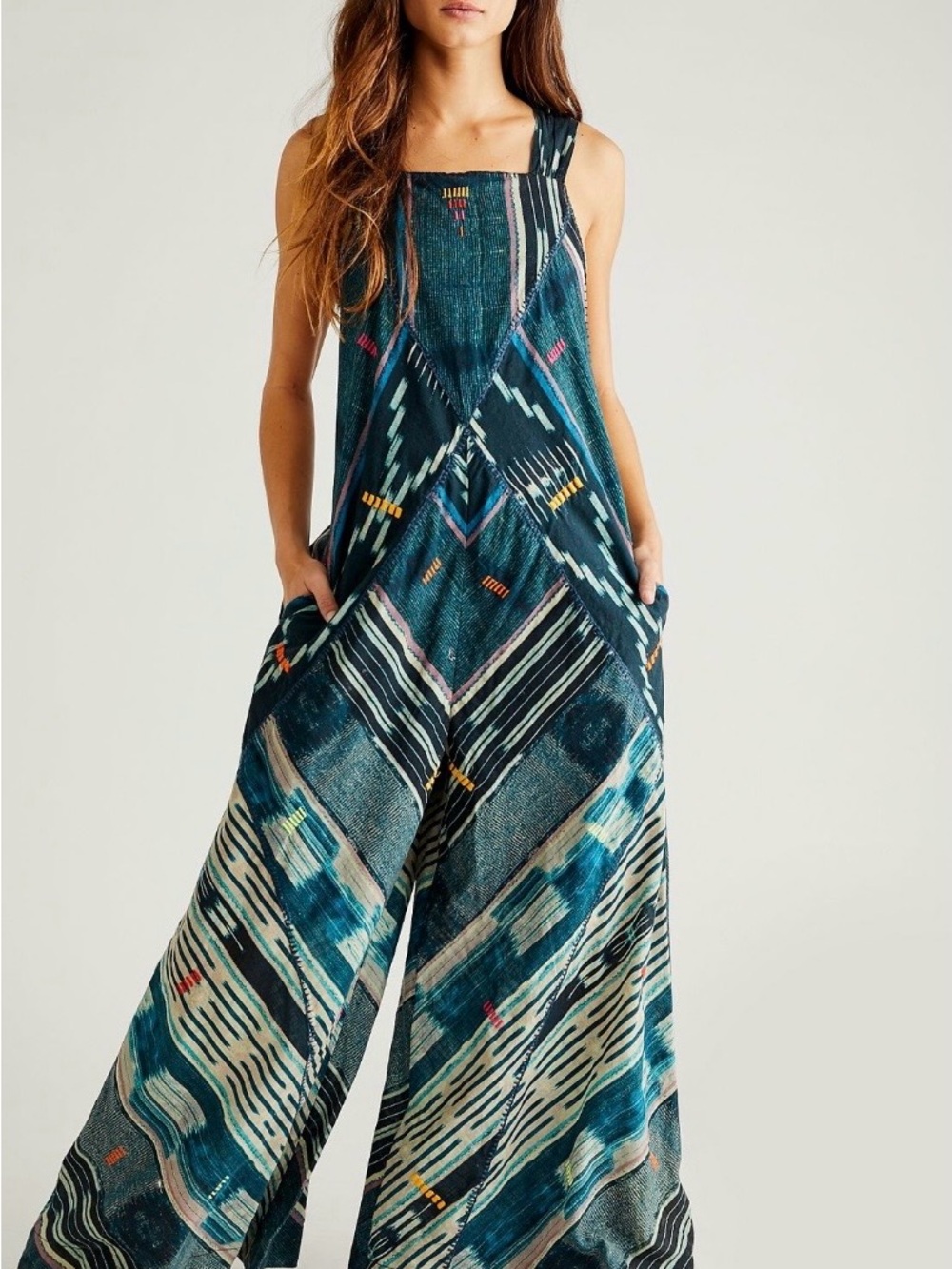 Free People Teal & Multicolor Geometric Wide-Leg Jumpsuit